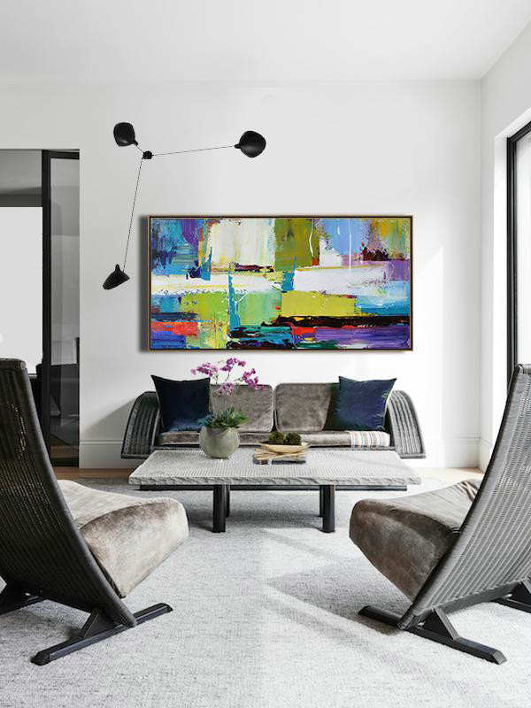 Extra Large Abstract Painting On Canvas,Horizontal Palette Knife Contemporary Art Canvas Painting,Modern Art,Light Green,Purple,Grey,Yellow.etc